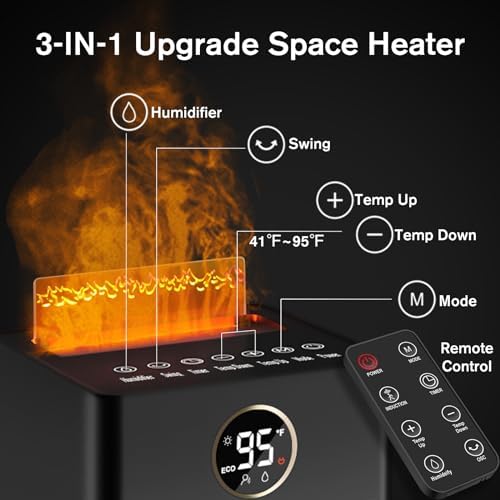 okoium 1500W PTC Ceramic Space Heater with Humidifier and 3D Flame Effect 1