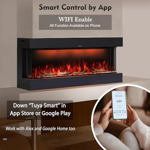 Masarflame 36 WiFi Electric Fireplace with 3-Sided Glass Design