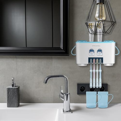 WREWING Multifunctional Toothbrush Holder with 4 Slots and 2 Squeezers Blue