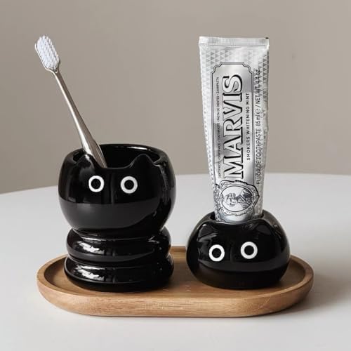 Cute Cat Ceramic Toothbrush Cup Holder - Black