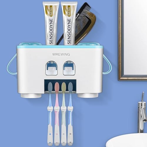 WREWING Multifunctional Toothbrush Holder with 4 Slots and 2 Squeezers Blue