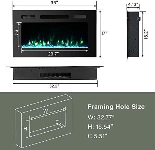 CEARTRY 36 Inch Electric Fireplace Insert with Crystal 3D Flames