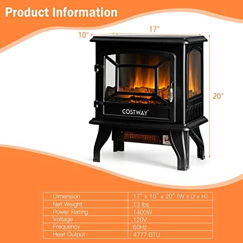 COSTWAY Electric Fireplace Stove with Realistic Flame and Adjustable Thermostat