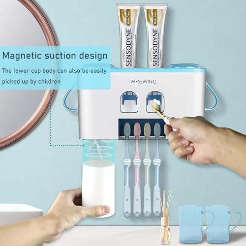 WREWING Multifunctional Toothbrush Holder with 4 Slots and 2 Squeezers Blue