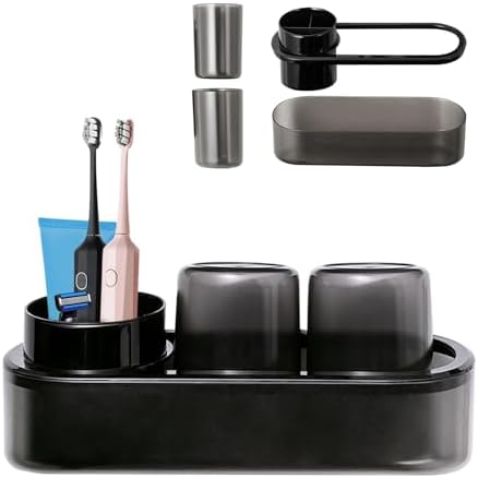 Black Toothbrush Holder Set with 2 Cups for Bathroom
