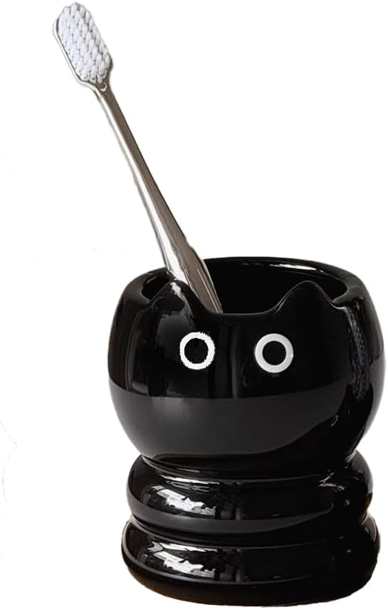 Cute Cat Ceramic Toothbrush Cup Holder - Black