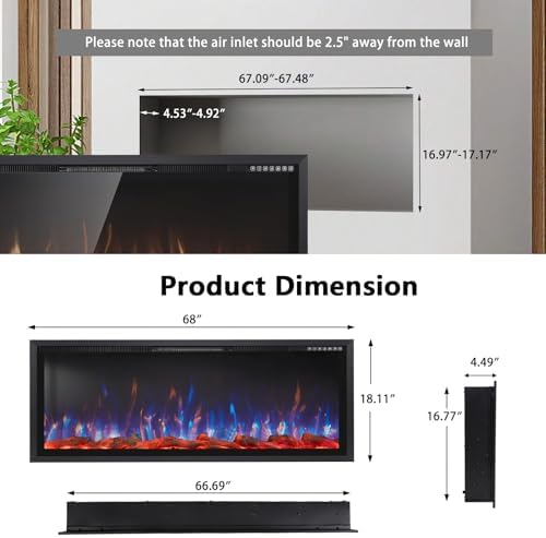PRETZI 68 Inch Electric Fireplace Ultra Narrow Frame