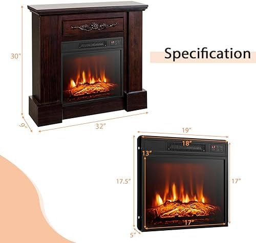 COSTWAY 32-Inch Electric Fireplace with Mantel and Remote Control