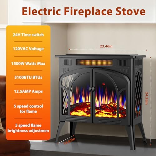 ZAFRO 24-inch Electric Fireplace Heater with Remote Control and Timer