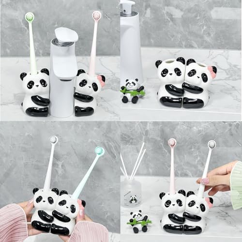 2 Pcs Ceramic Panda Hug Toothbrush Holder - Cute Animal Shape Bathroom Organizer