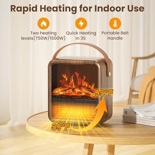 Riseon Small Portable Electric Fireplace Heater with 3D Flame and Thermostat