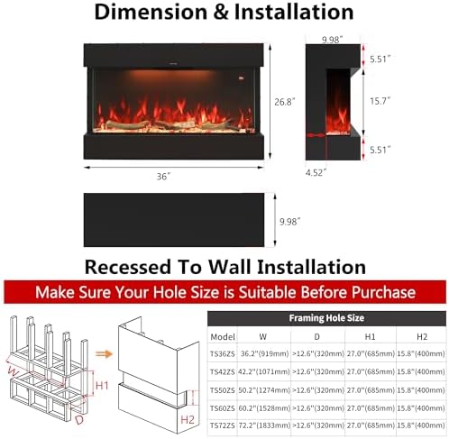Masarflame 36 WiFi Electric Fireplace with 3-Sided Glass Design