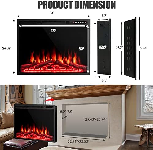 COSTWAY 34-Inch Electric Fireplace with Remote Control