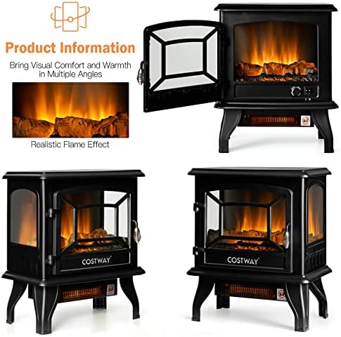 COSTWAY Electric Fireplace Stove with Realistic Flame and Adjustable Thermostat
