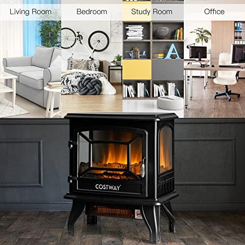 COSTWAY Electric Fireplace Stove with Realistic Flame and Adjustable Thermostat