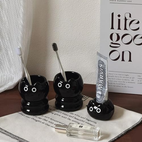 Cute Cat Ceramic Toothbrush Cup Holder - Black