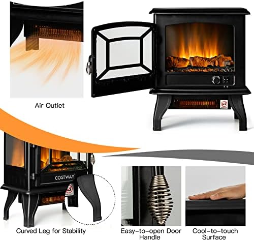 COSTWAY Electric Fireplace Stove with Realistic Flame and Adjustable Thermostat
