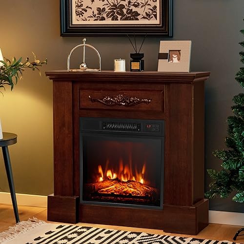 COSTWAY 32-Inch Electric Fireplace with Mantel and Remote Control