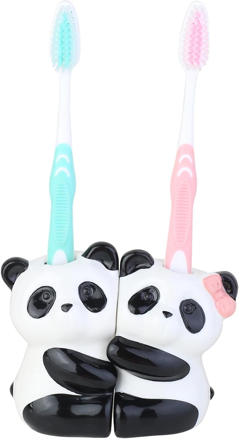 2 Pcs Ceramic Panda Hug Toothbrush Holder - Cute Animal Shape Bathroom Organizer