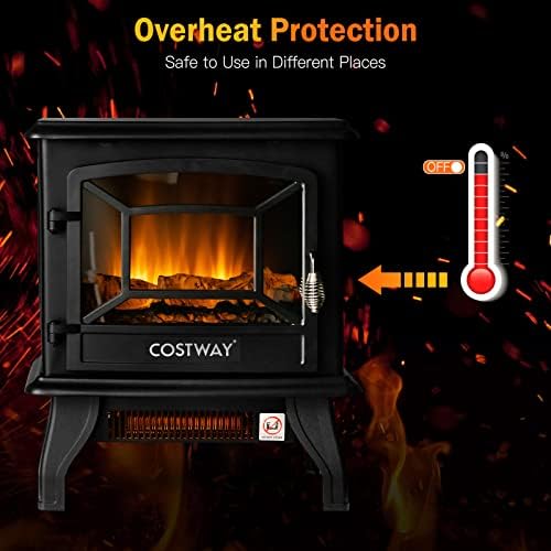 COSTWAY Electric Fireplace Stove with Realistic Flame and Adjustable Thermostat