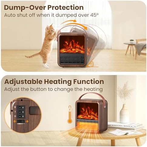 Riseon Small Portable Electric Fireplace Heater with 3D Flame and Thermostat