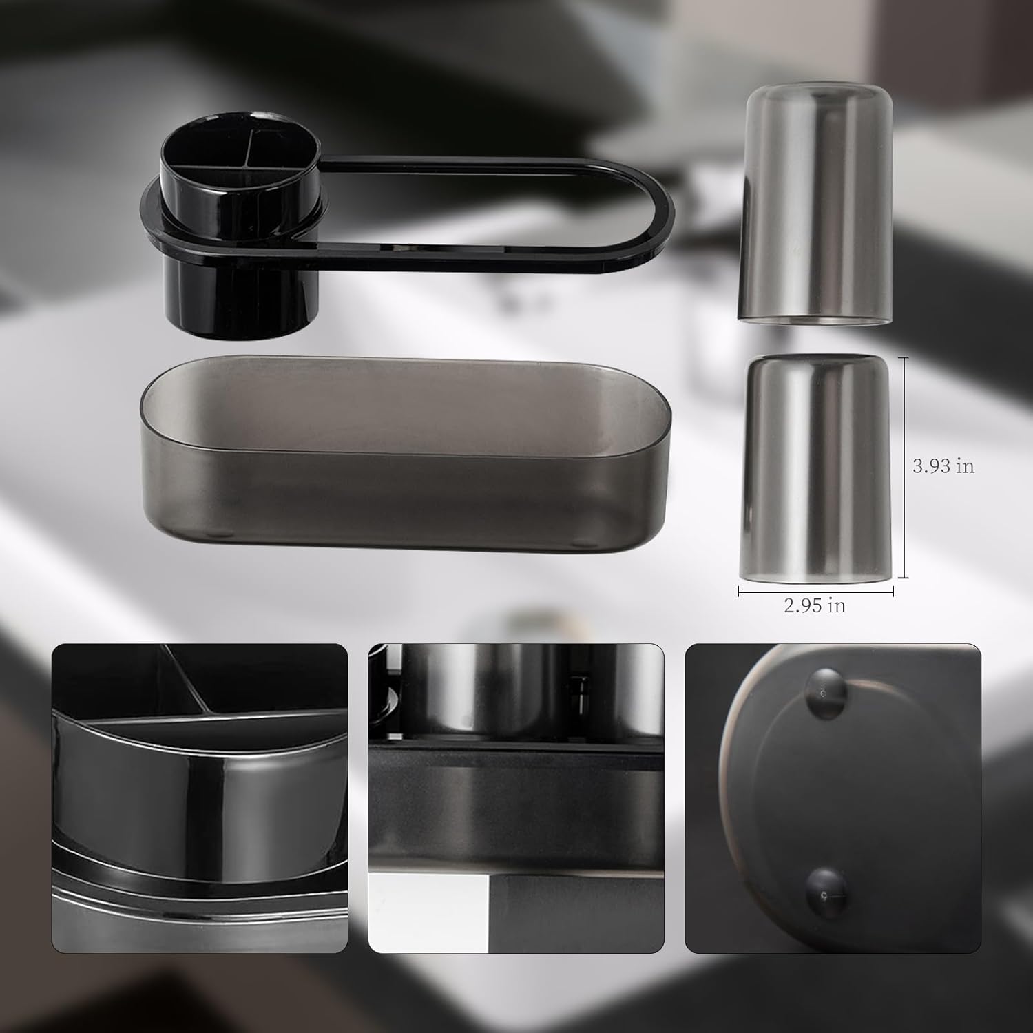 Black Toothbrush Holder Set with 2 Cups for Bathroom
