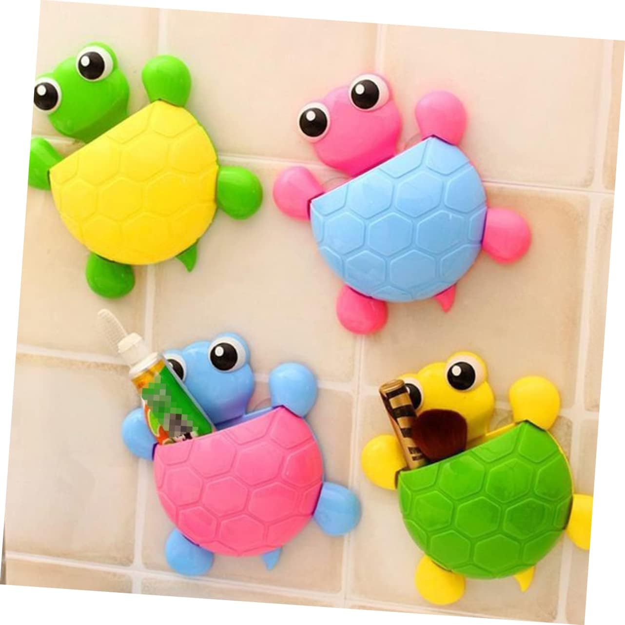 Ciieeo Cute Turtle Wall Mount Suction Cup Toothbrush Holder 4pcs Set