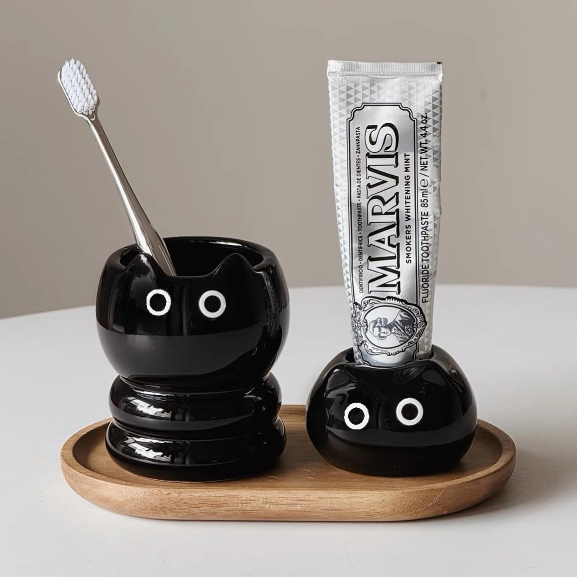 Cute Cat Ceramic Toothbrush Cup Holder - Black