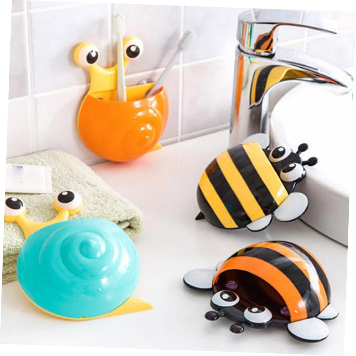 Ciieeo 4pcs Cartoon Bee Wall Mount Toothbrush Holder