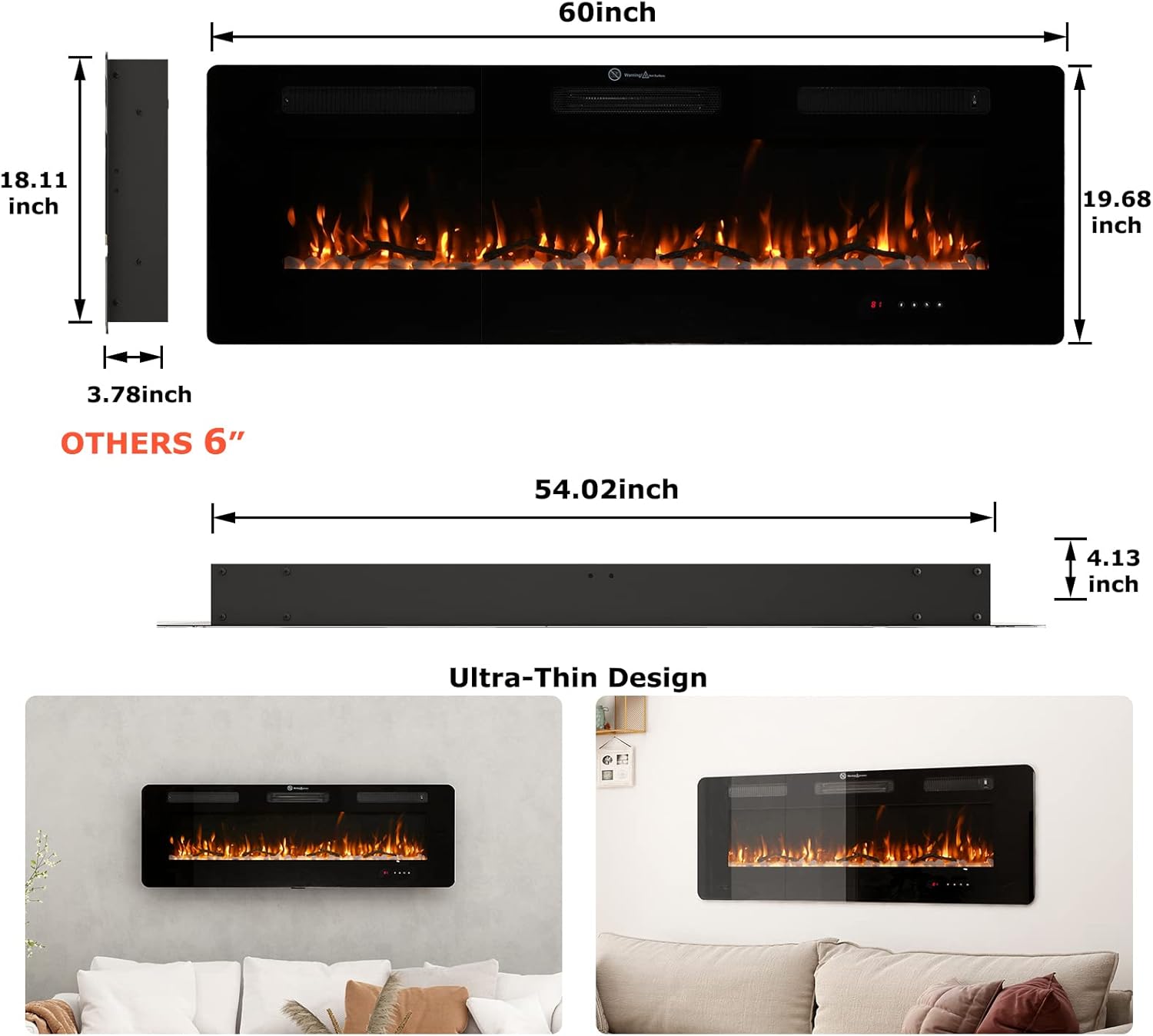 FODINGHILL 60 Electric Fireplace with Touch Screen and Adjustable Flame