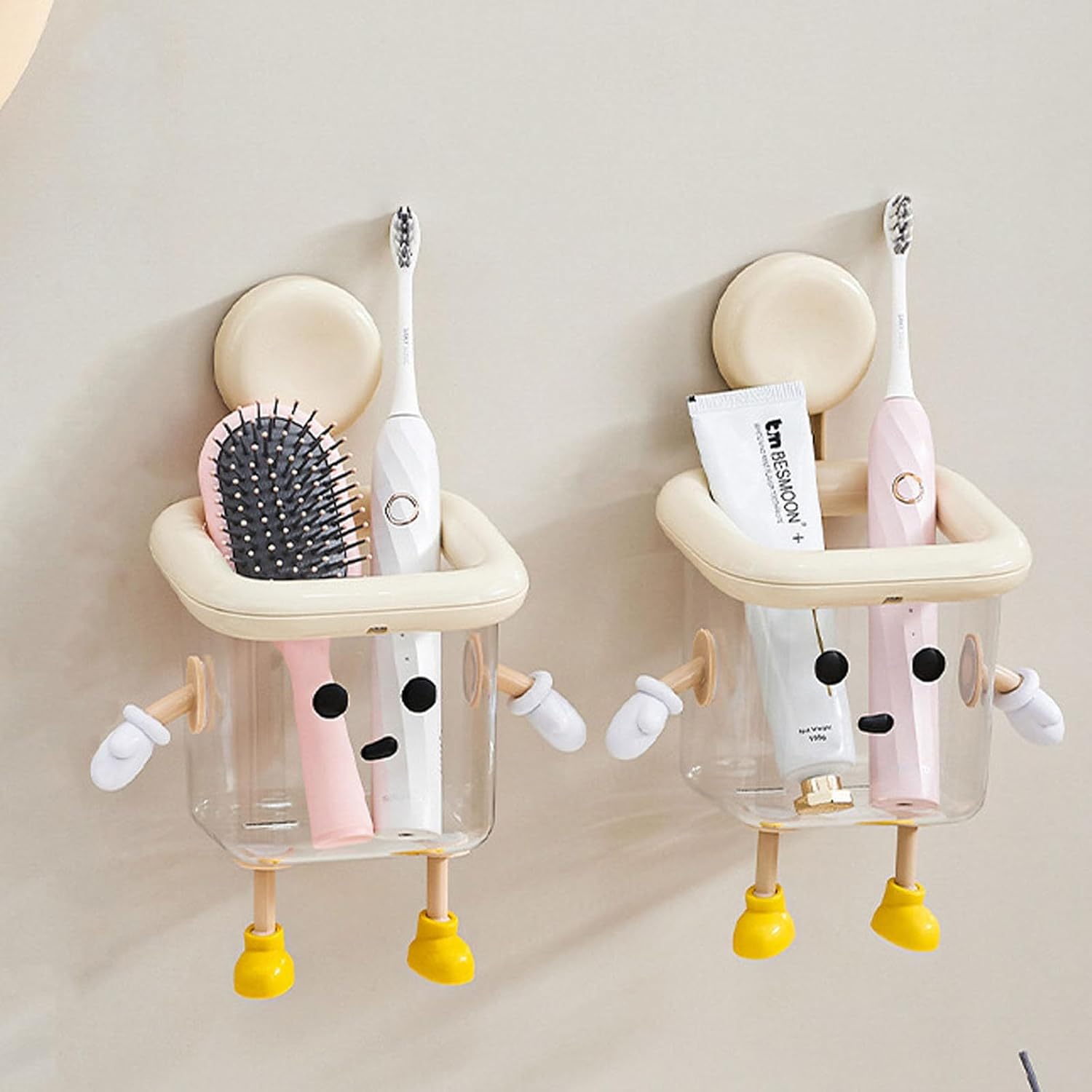 Cute Robot Toothbrush Holder Wall Mounted Suction Cup Organizer 2pc