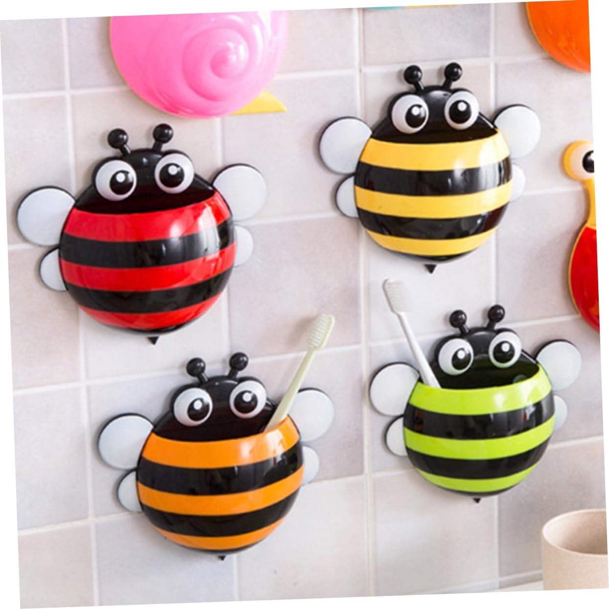 4pcs Cartoon Honeybee Wall Mount Toothbrush Holder with Suction Cup Pen Organizer
