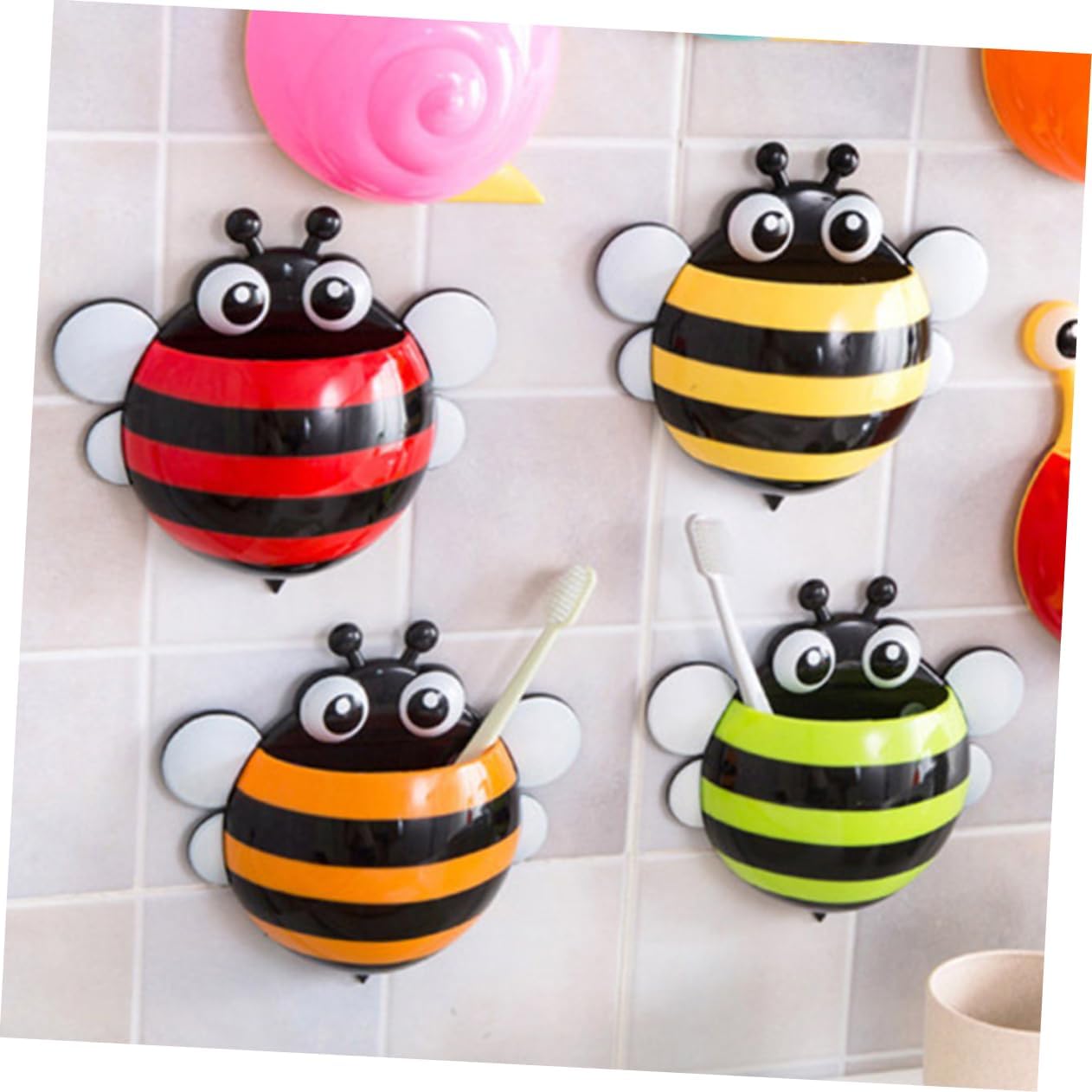 4pcs Suction Cup Honeybee Toothbrush Holder for Bathroom Wall Mount Storage