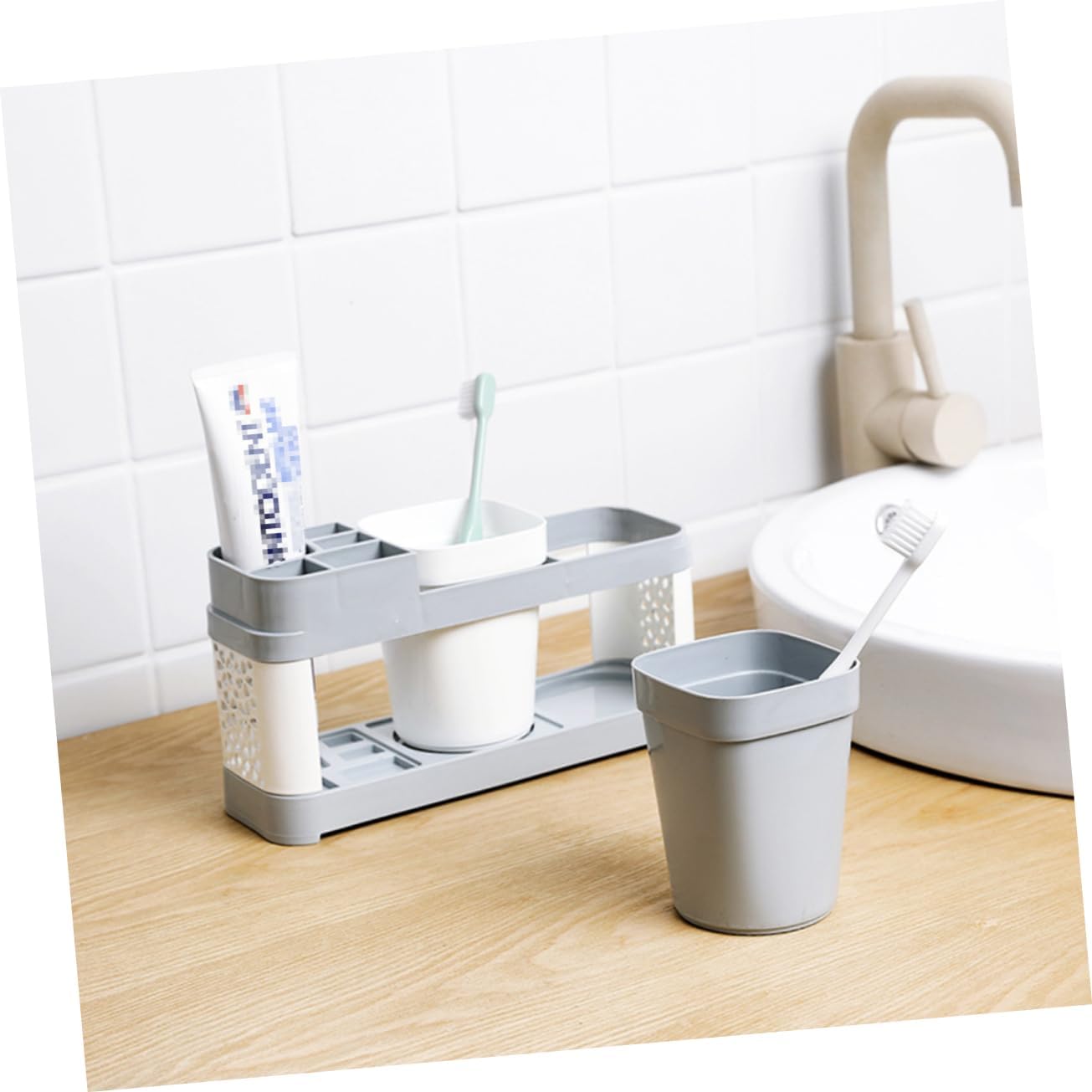 SHOWERORO Toothbrush Toothpaste Holder with 5 Slots and Cup Storage