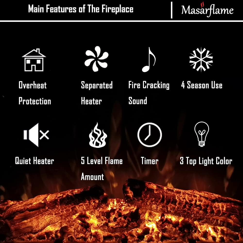 Masarflame 33 Electric Fireplace Insert with Sound Remote Control Timer 7501500W Black