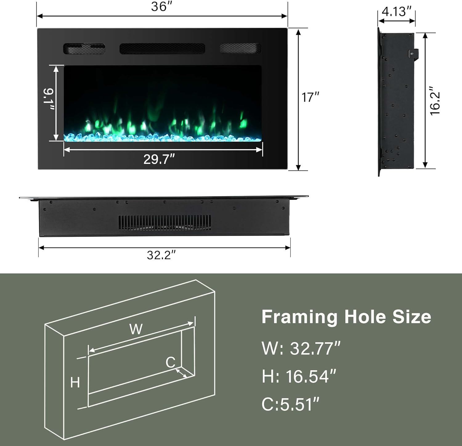 CEARTRY 36 Inch Electric Fireplace Insert with Crystal 3D Flames
