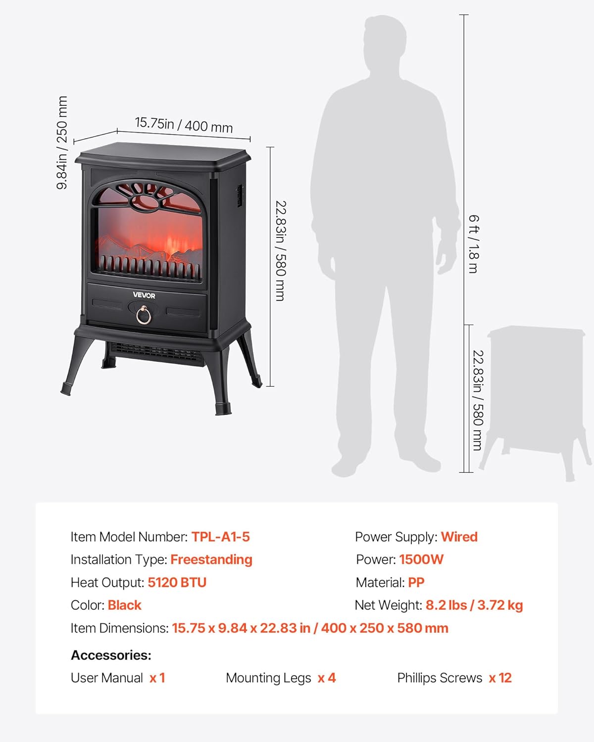 VEVOR 228inch Electric Fireplace with Realistic Flames