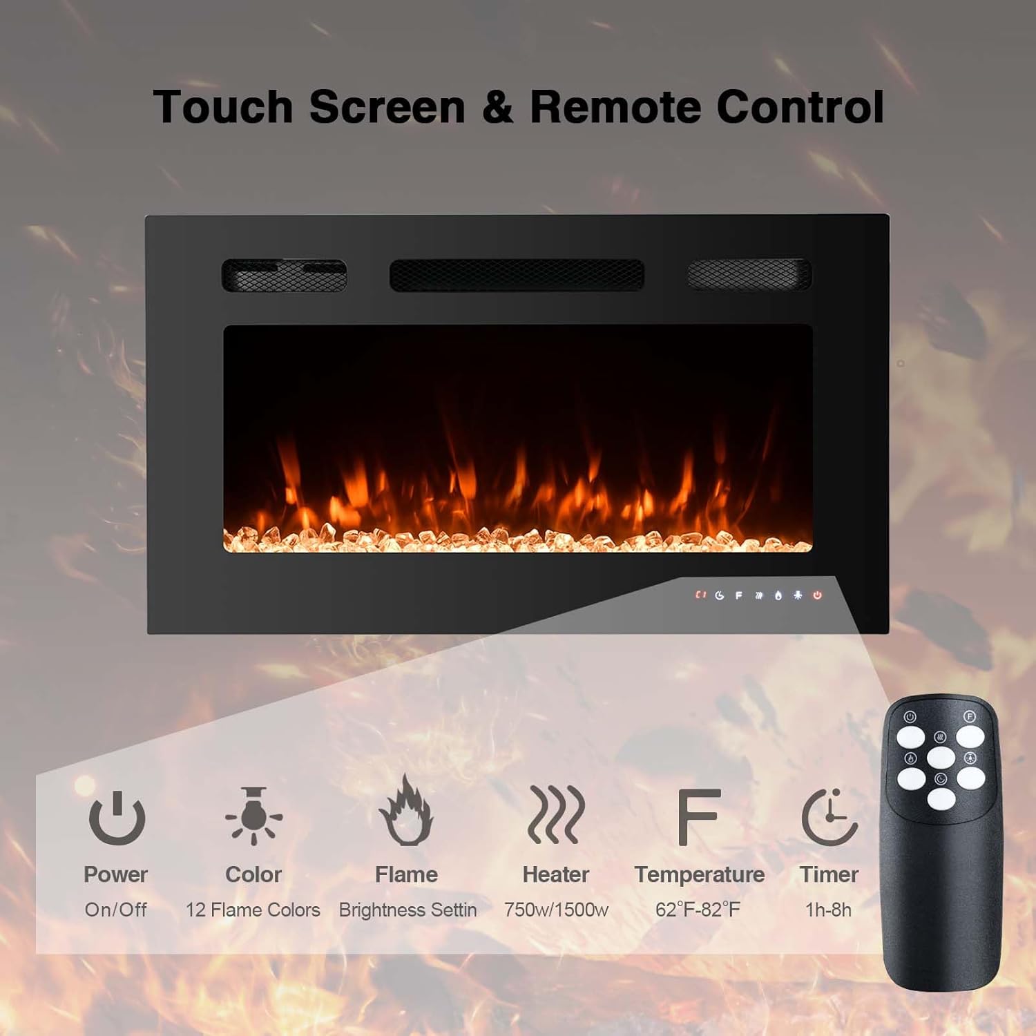 CEARTRY 36 Inch Electric Fireplace Insert with Crystal 3D Flames