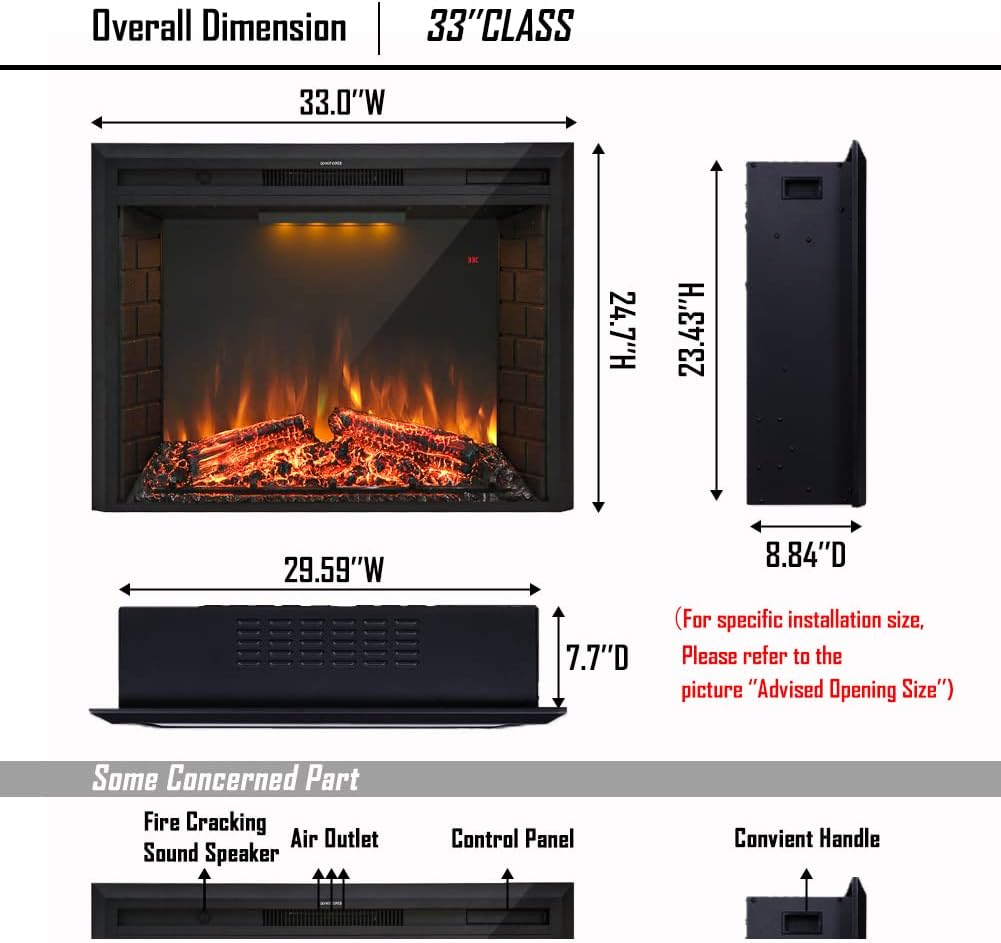 Masarflame 33 Electric Fireplace Insert with Sound Remote Control Timer 7501500W Black