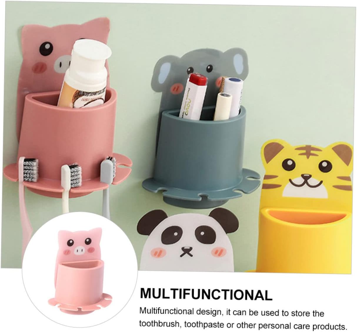 VOSAREA Cute Pig Toothbrush Holder Wall Mounted Storage Rack