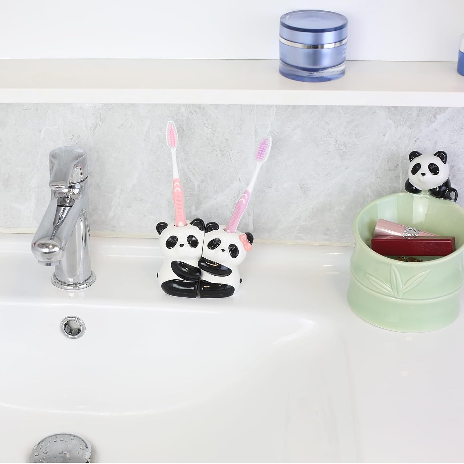 2 Pcs Ceramic Panda Hug Toothbrush Holder - Cute Animal Shape Bathroom Organizer