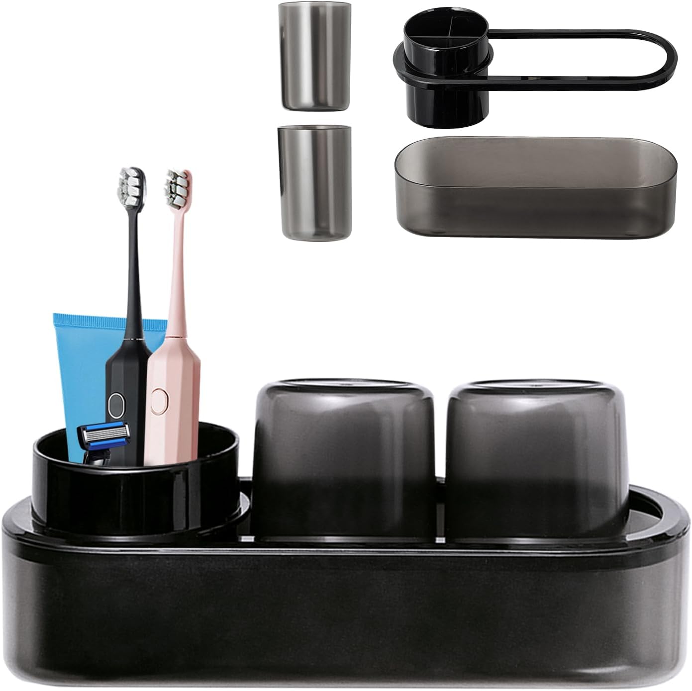 Black Toothbrush Holder Set with 2 Cups for Bathroom