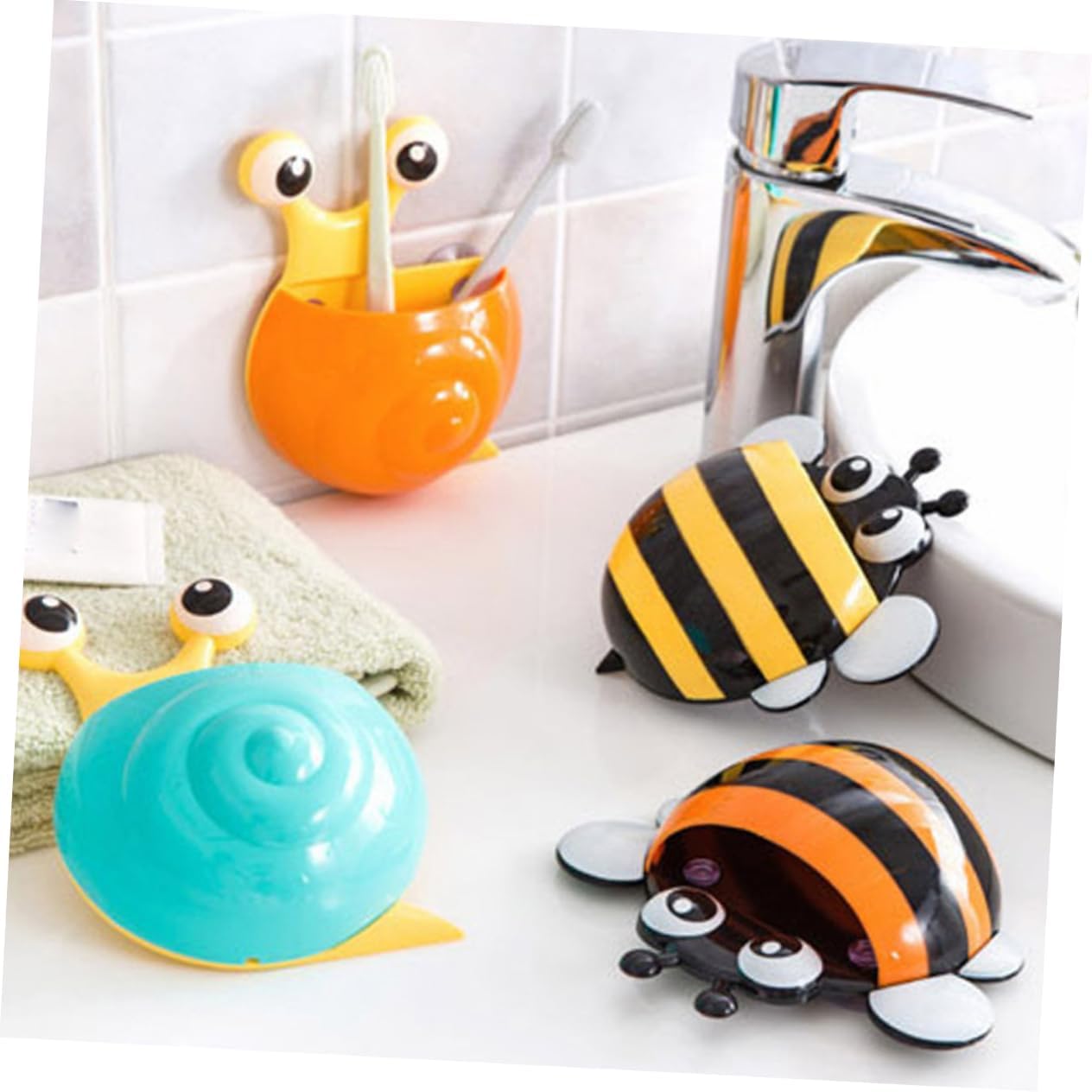 4pcs Cartoon Bee Wall Mount Toothbrush Holder with Suction Cup