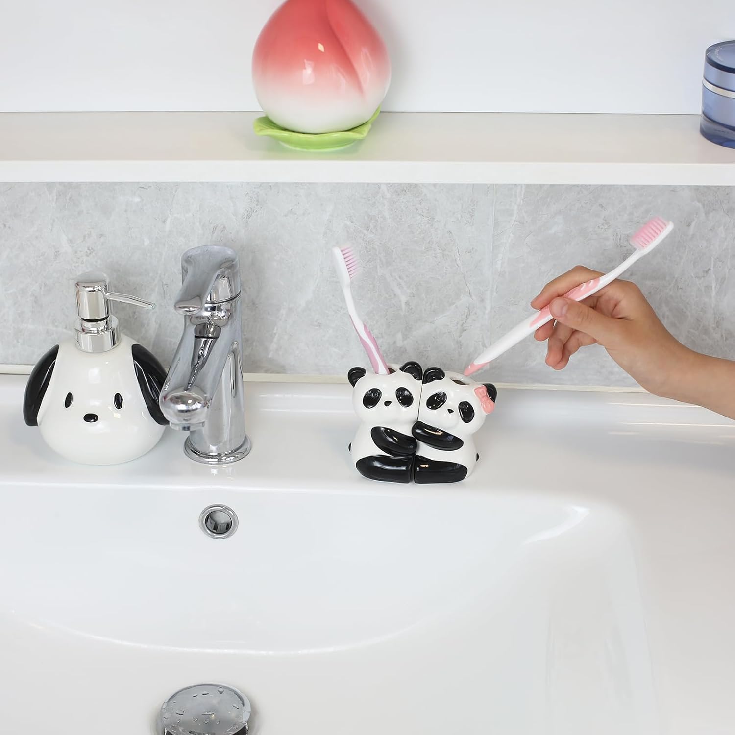 2 Pcs Ceramic Panda Hug Toothbrush Holder - Cute Animal Shape Bathroom Organizer