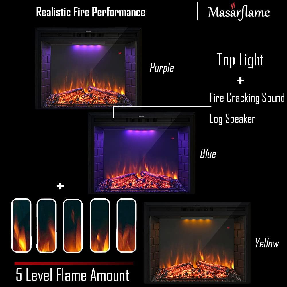 Masarflame 33 Electric Fireplace Insert with Sound Remote Control Timer 7501500W Black