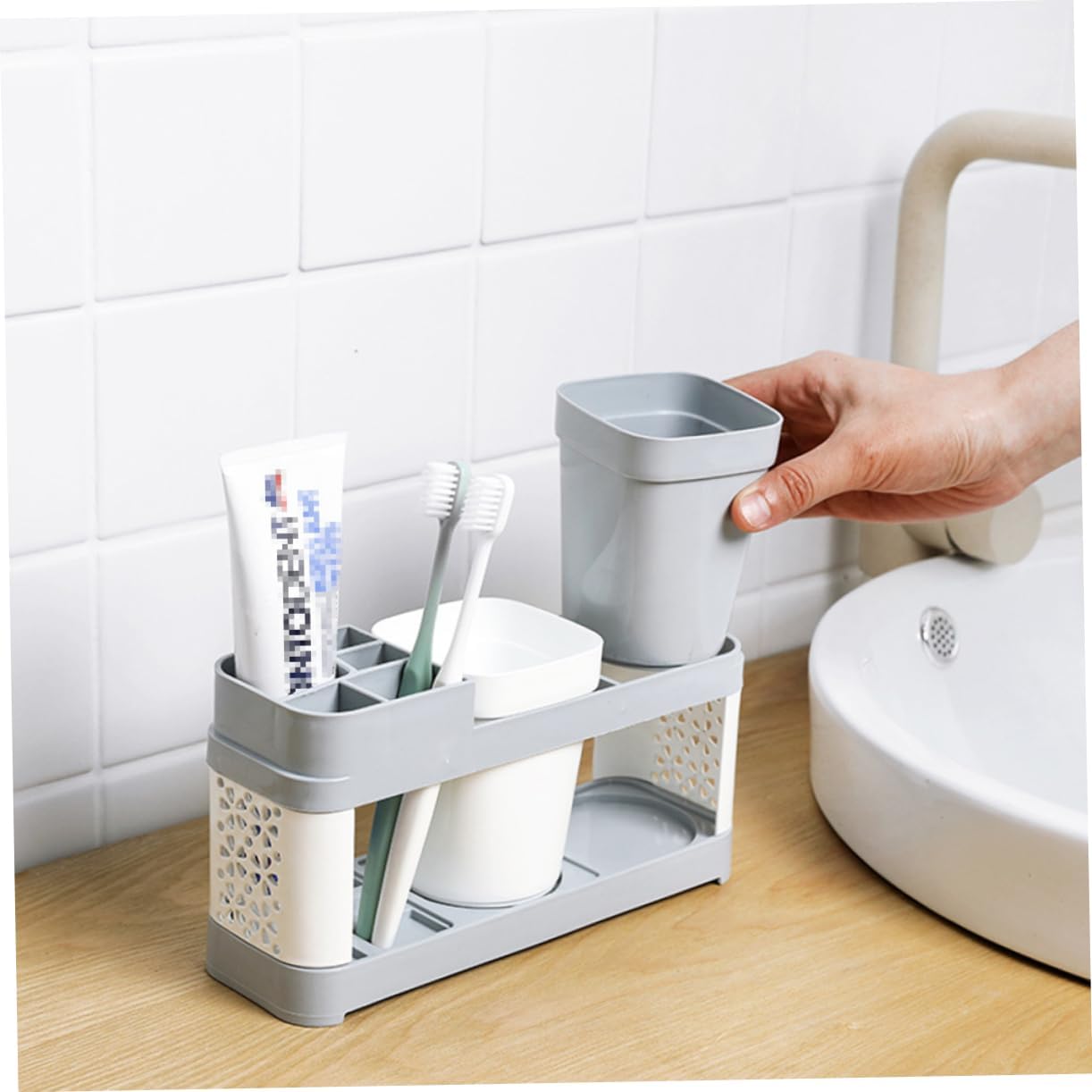 ABOOFAN Toothbrush and Toothpaste Holder with 2 Cups and 5 Slots