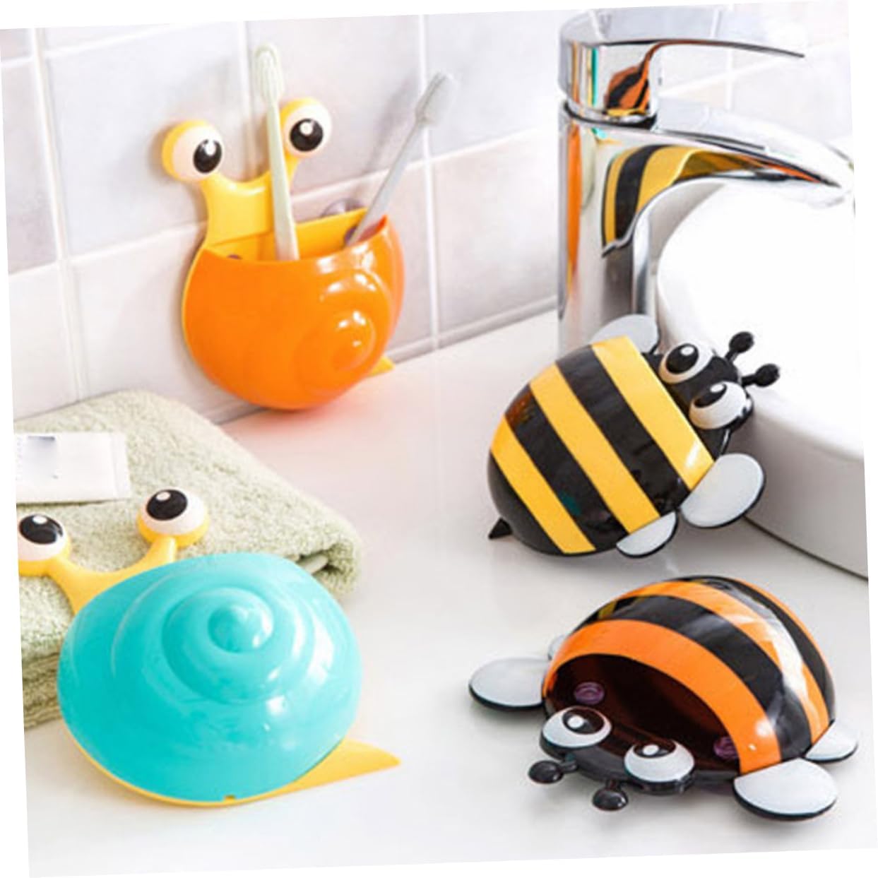4pcs Suction Cup Honeybee Toothbrush Holder for Bathroom Wall Mount Storage
