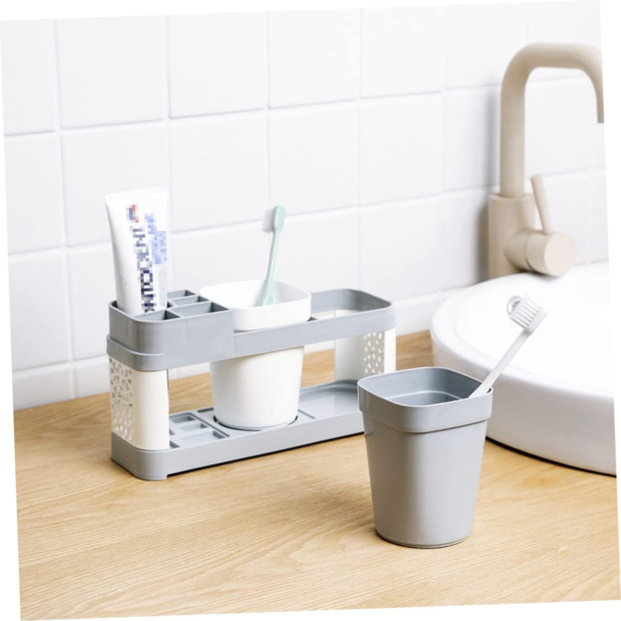 ABOOFAN Toothbrush and Toothpaste Holder with 2 Cups and 5 Slots