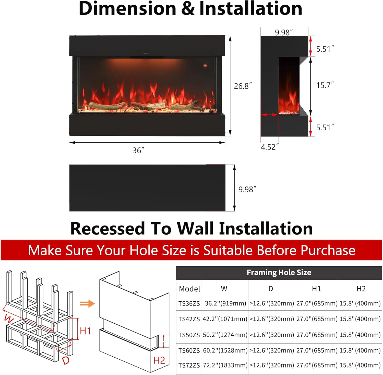 Masarflame 36 WiFi Electric Fireplace with 3-Sided Glass Design