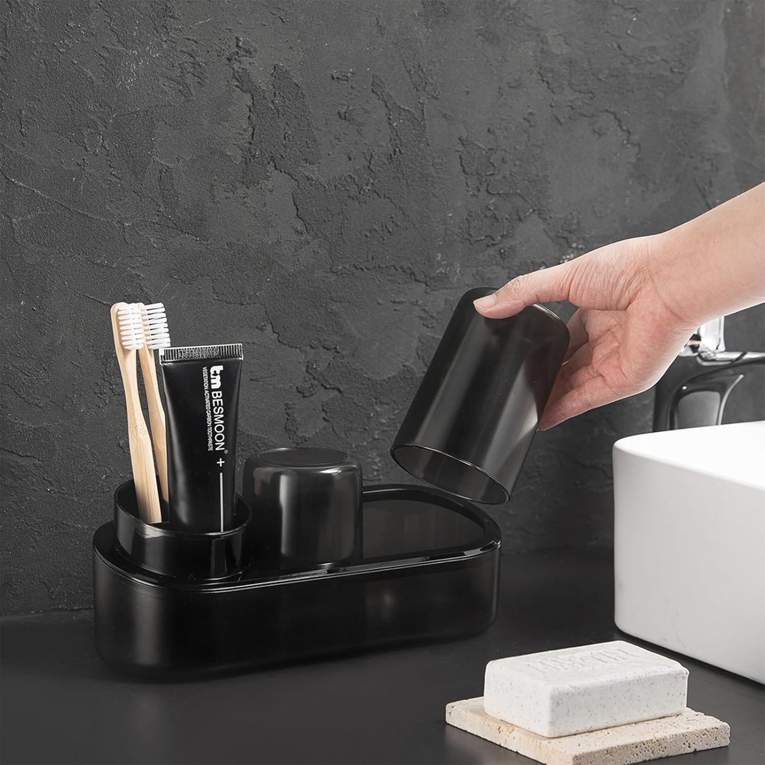 Black Toothbrush Holder Set with 2 Cups for Bathroom
